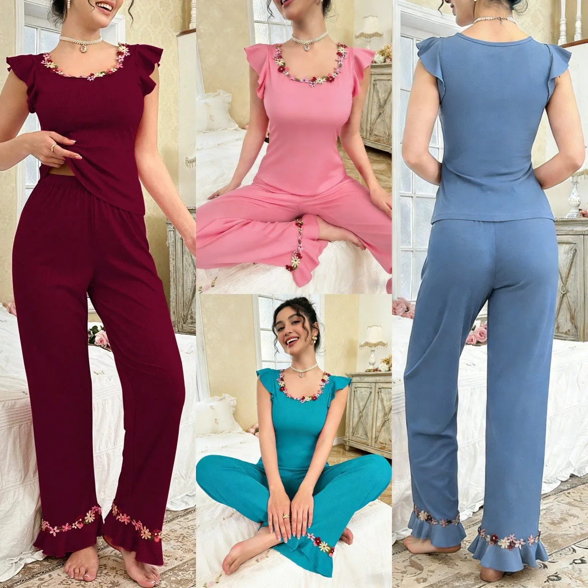 

Summer Women Pajamas Top Two Piece Set Knit Round Neck Cap Sleeve Tops Wide Leg Pants Breathable Blouse Floral Embroidery