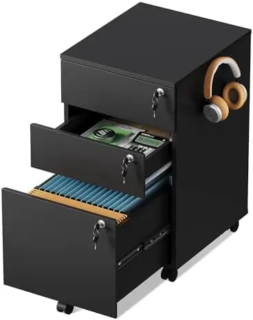 3 Drawer Mobile File Cabinet with Individual Locks, Rustic Brown | Wood Filing Cabinet for Home Office, Mobile Printer