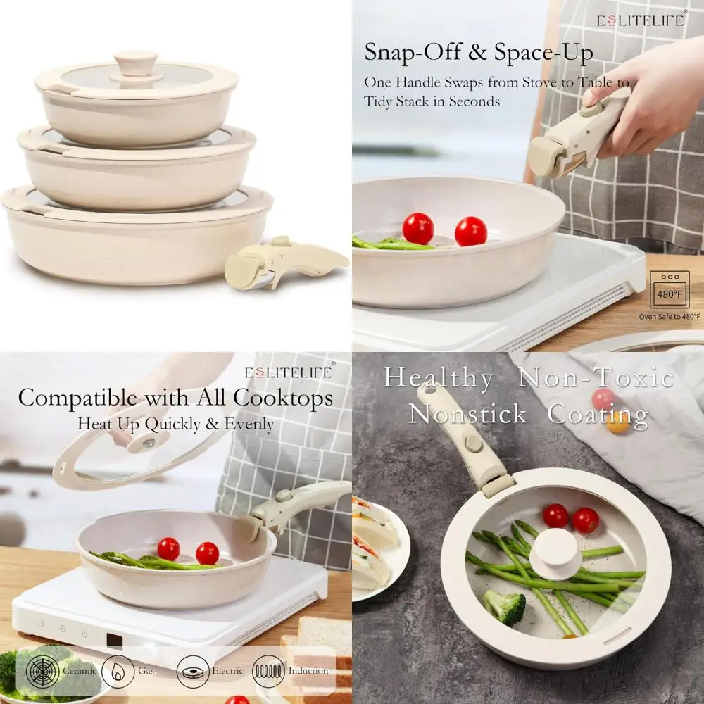 

Nonstick Ceramic Frying Pans Set with Lids and Detachable Handle for Healthy Egg Omelette Cooking in Kitchen