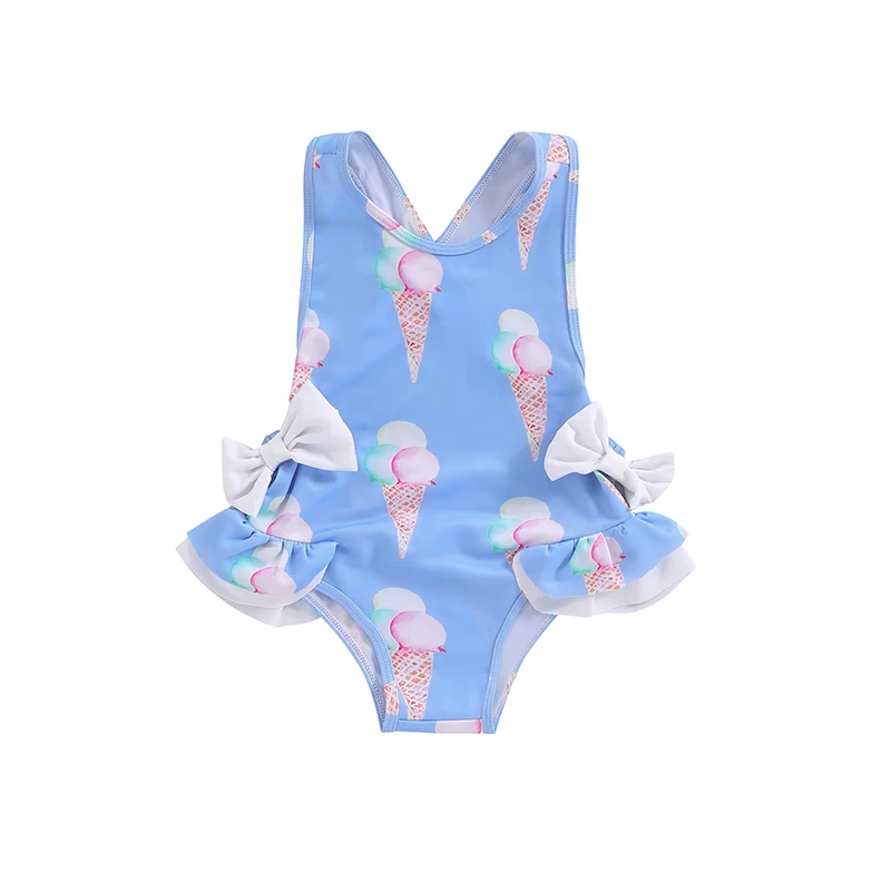 

Baby Girl Tankini Swimsuits Summer Ice Cream Print Cute Bow Ruffles Swimwear Toddler Bathing Suits Beachwear