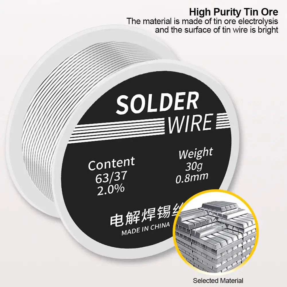 Carrete de alambre de hierro, herramienta de soldadura con núcleo de colofonia, bajo punto de fusión, flujo No limpio, 2.0% Estaño, 0,8mm/30g