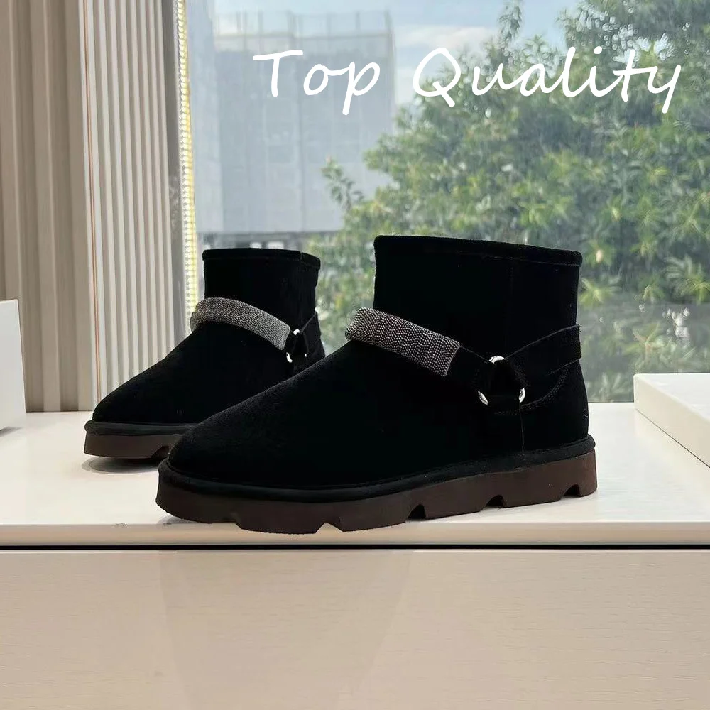 

Women's Snow boots Wool Round headed flat bottomed Flat Short Boots Woman Metal inlay Warm anti slip Flat Short Boots