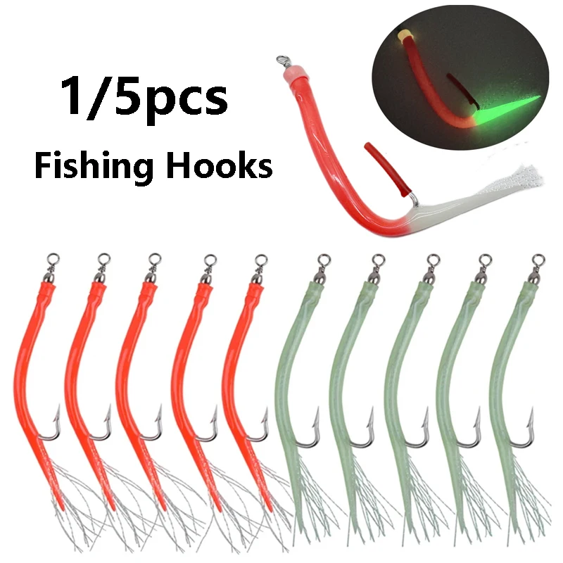 1/5Pcs CodfishFishing Eel Tube Jig Bait Shank Offset Hook Barbed Octopus Hook Rolling Swivel Thread Feather Sabiki Rig Fishing