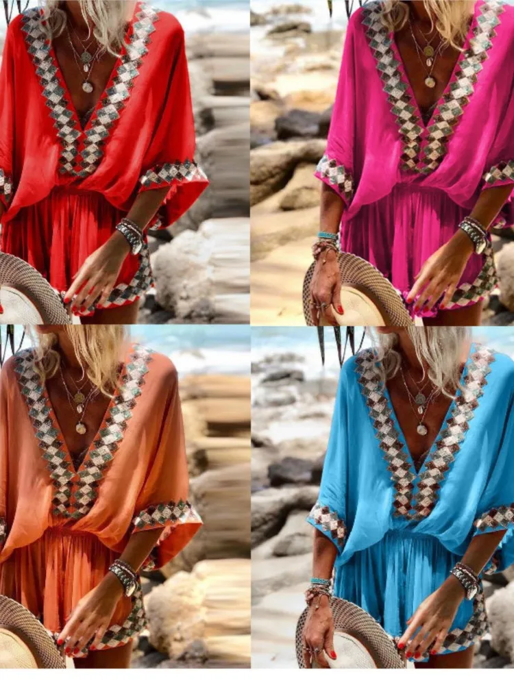 المرأة الصيف الجديدة المألوف الخفافيش كم الشاطئ المطبوعة مثير الخامس الرقبة عارضة خمسة في أكمام بذلة قصيرة