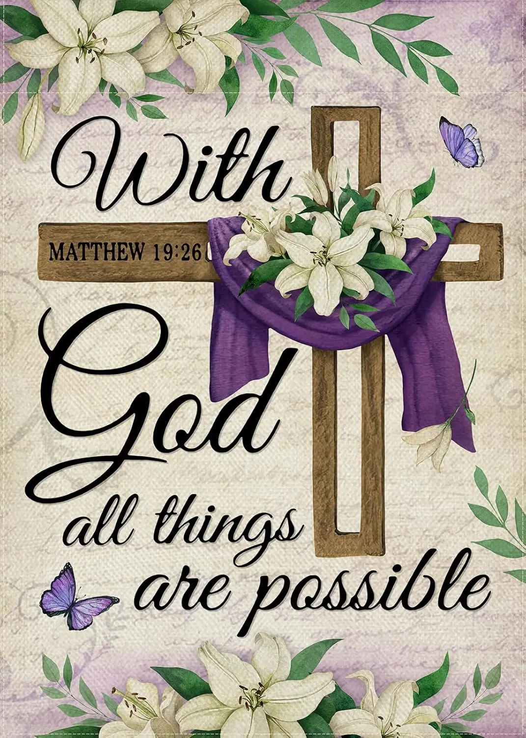 Selmad With God All Things are Possible Easter Decorative Garden Flag, Religious Cross Lily Floral Flowers Home Yard Outdoor Dec