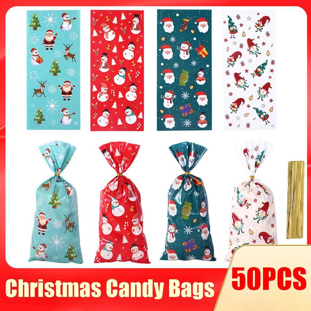 

50PCS New Year 2025 Candy Bag Santa Gift Bag Cristmas Cookies Packing Bag Present Gift Party Bags Noel Present New Year Supplies