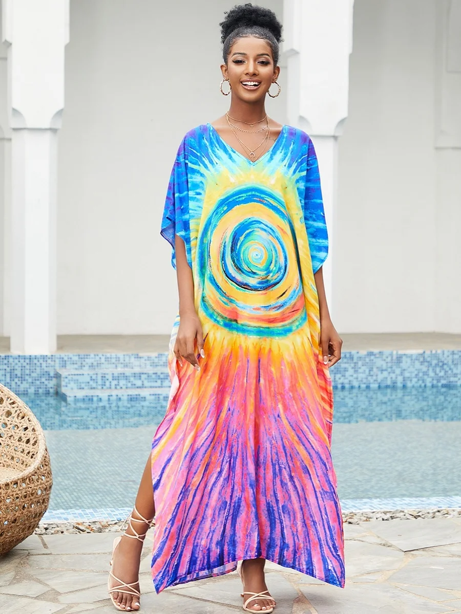 

Island Print Long Robe Idle Style Loose Maldives Holiday Dress Pullover Beach for Women