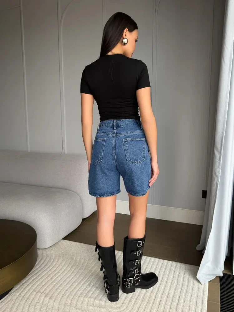 شورت جينز نسائي عالي الخصر وواسع الساق أسود مستقيم الساق شورت جينز صيفي أزرق عتيق لشارات الدنيم العصرية غير الرسمية #4