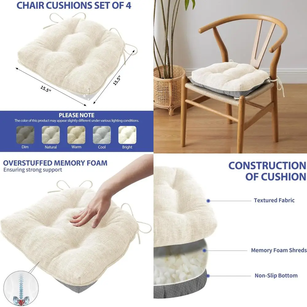 

Набор из 4 кремовых подушек для обеденных стульев, 15,5 x 15,5, тафтинговая пена с эффектом памяти, с завязками и нескользящей подложкой.