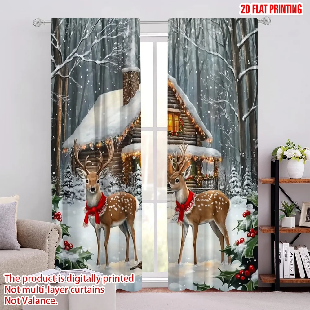 

2pcs 2D flat printing Merry Christmas Party Curtains Christmas_ Santa Claus_ sleigh_ reindeer_ snowflakes Fabric Without