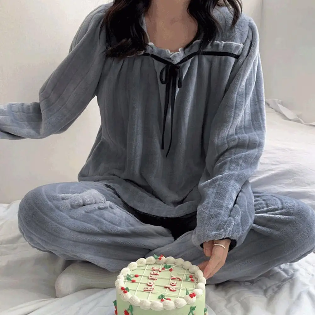 Square Collar Women Pajamas Set Winter Warm Sleepwear Fleece 2 Piece Pants Home Wear Suit Fluffy Korean Solid Night Wear