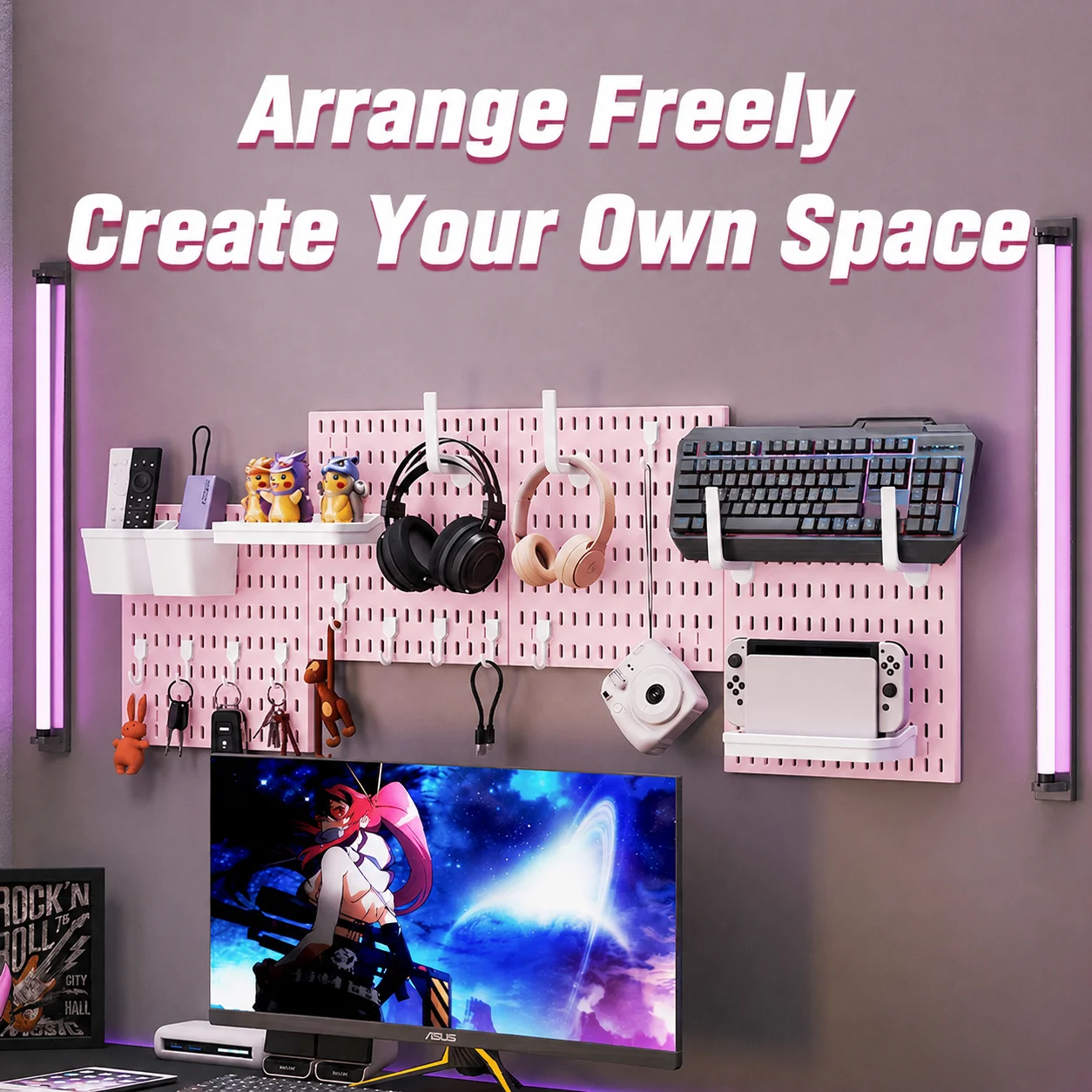 Pink No Drill Wall & Desktop Pegboard Freely Combinable Hanging Board for Dorm Jewelry & Ornament Storage