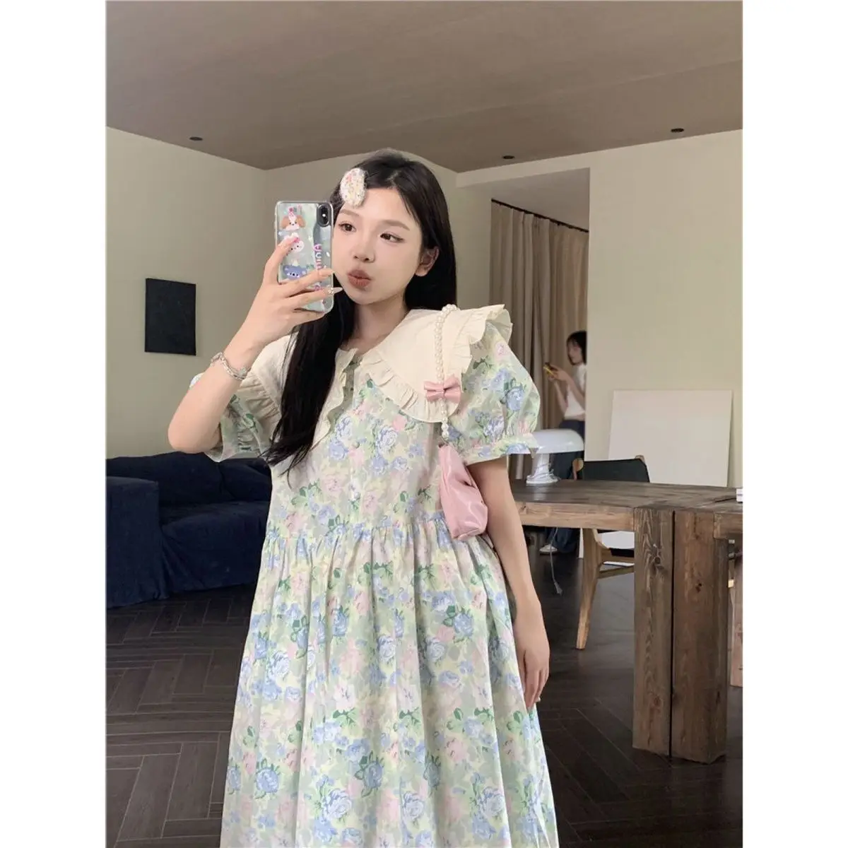 Plus Size 5XL 140KG Summer Floral Dress Peter Pan Collar Elegant Dresses Short Sleeve Woman Casual Evening Holiday Floral Dress