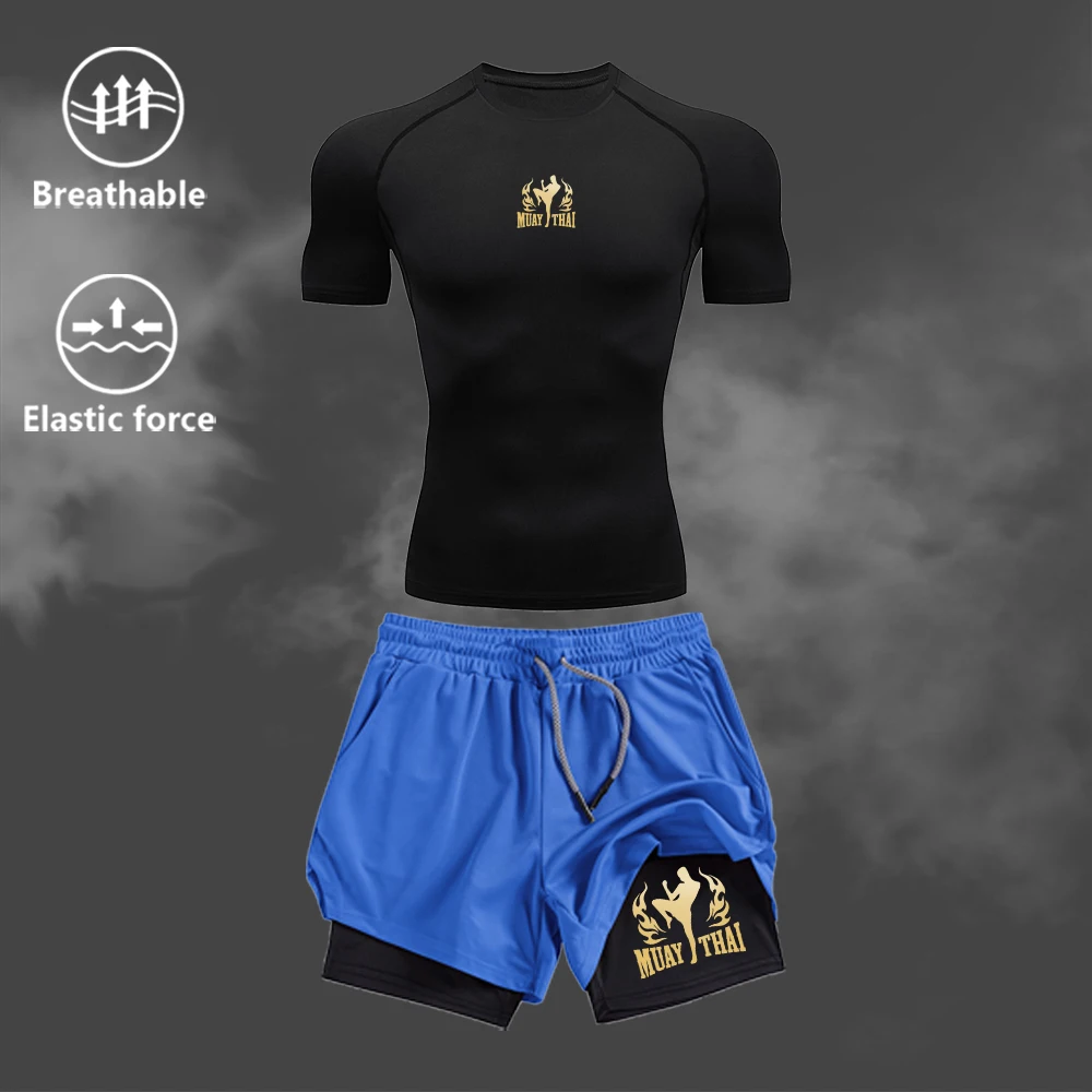 

Men's Summer Outdoor Fitness Set Quick Drying Breathable Tight Fitting Short Sleeved And Printed Sports Shorts Two Piece Set