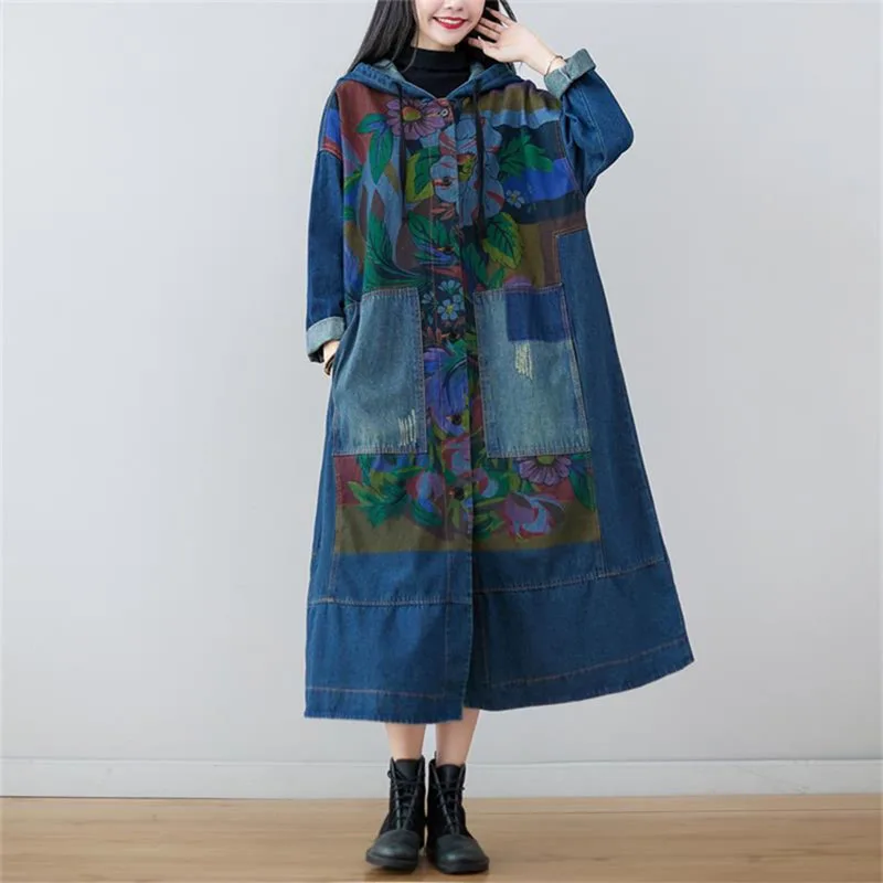 

Printed Cowboy Trench Women Chinese style Streetwear Hoodie Windbreaker Loose Long style Coat Casual korean Denim Waisted Coat