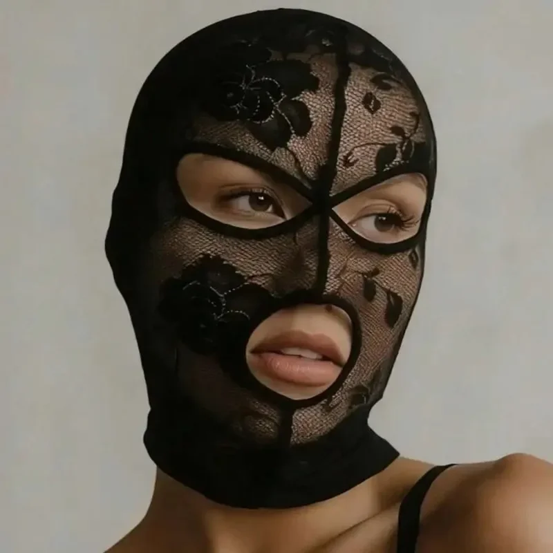 Unisex Full Face Venetian Gothic Lace Mask with Eye Mouth Openings,Black Mesh Headpiece - view 4