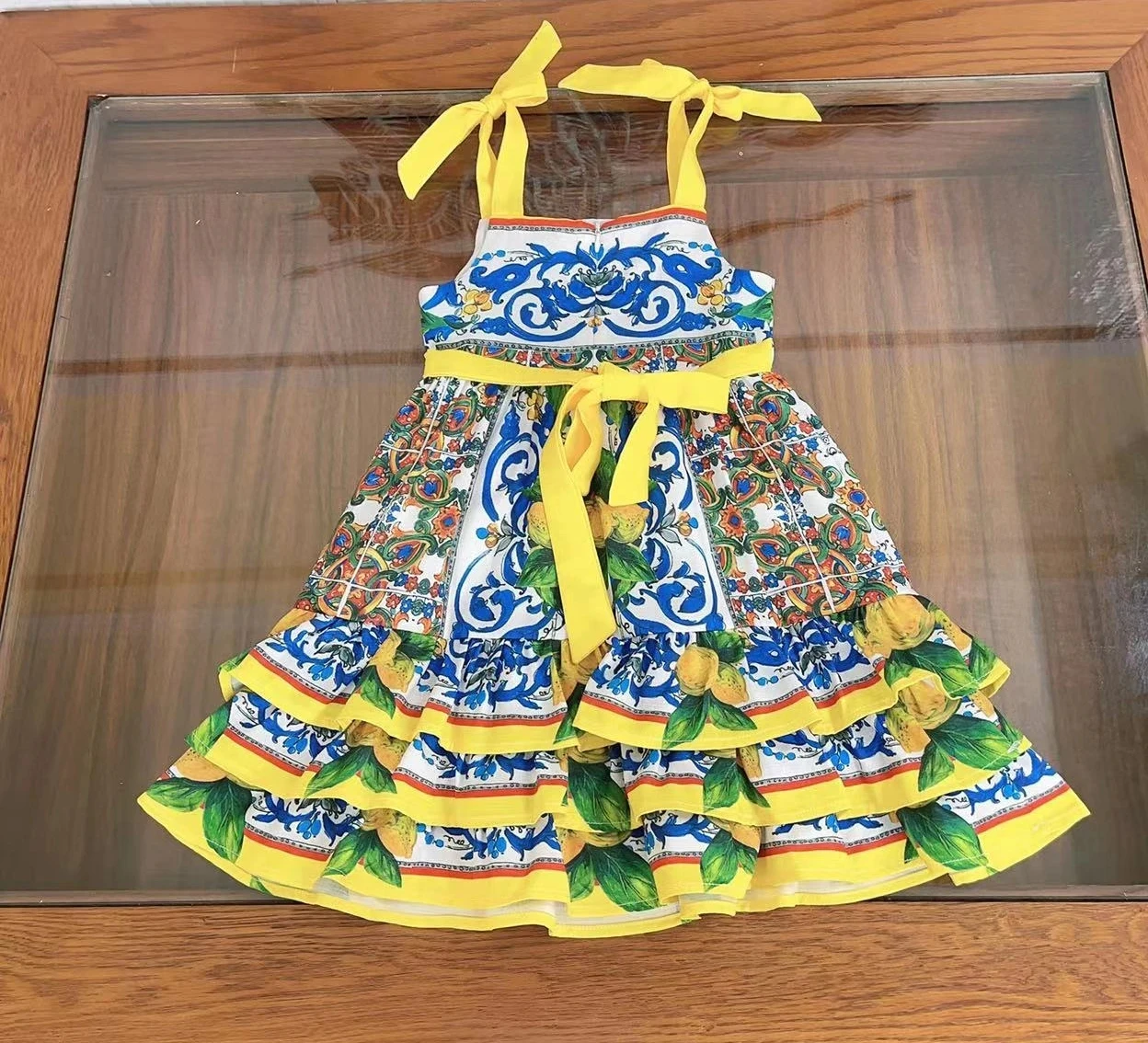 High End Children's Clothing 2024 Summer New Girls' Suspender Dress Yellow Flower Printed Children Girls' Princess Dress
