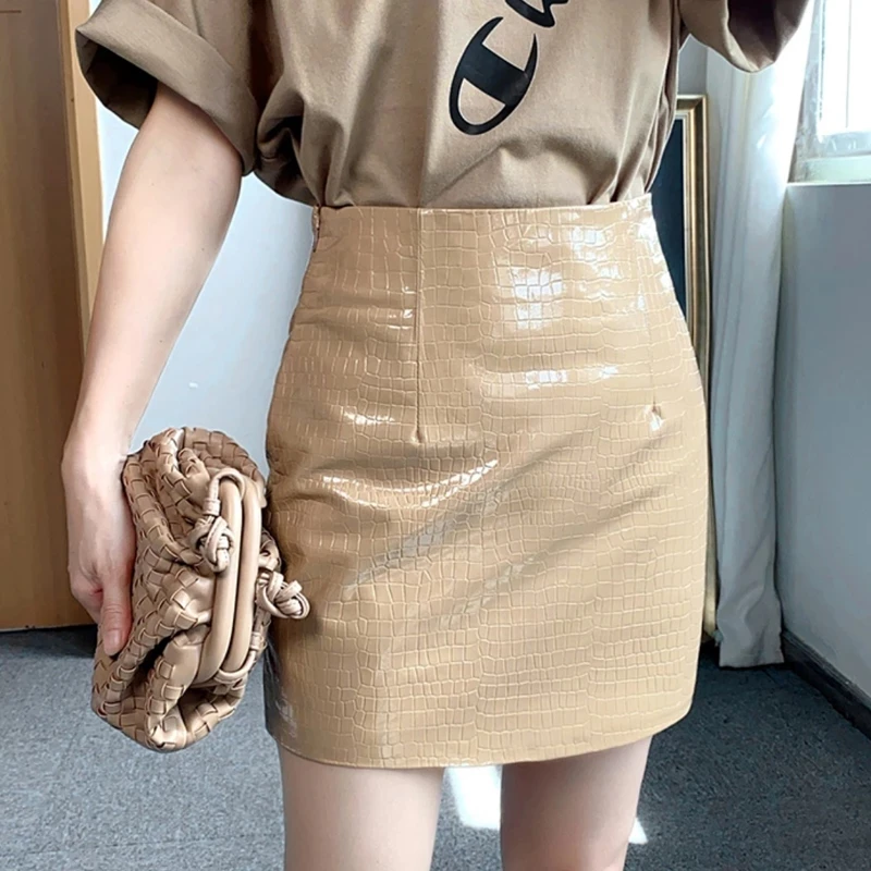 

Genuine Leather Crocodile grain Sheepskin Sexy Mini Skirt Women 2022 Spring South Korean Fashion High Waist Retro A-line Skirt