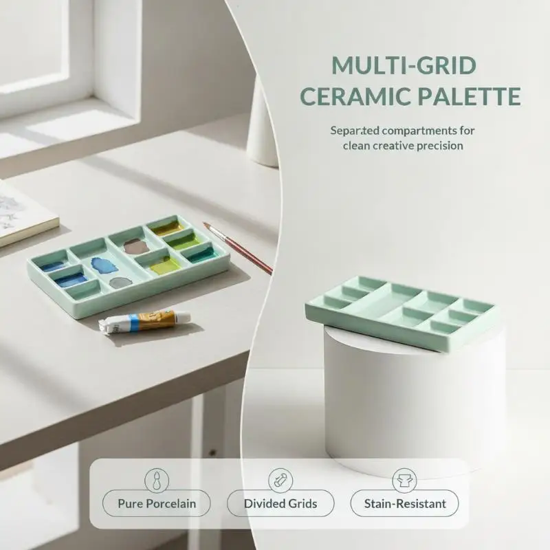 Ceramic Square Paint Palette Multi Grid Non Slip Base Portable Watercolor Oil Tray for Outdoor Sketching Artists