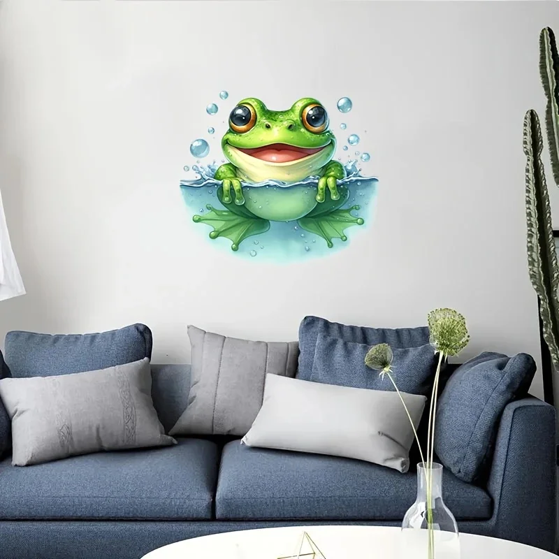 MT1377# Playful Green Frog Toilet Sticker - Waterproof, Easy to Apply & Clean, Fun Cartoon Design with Big Eyes