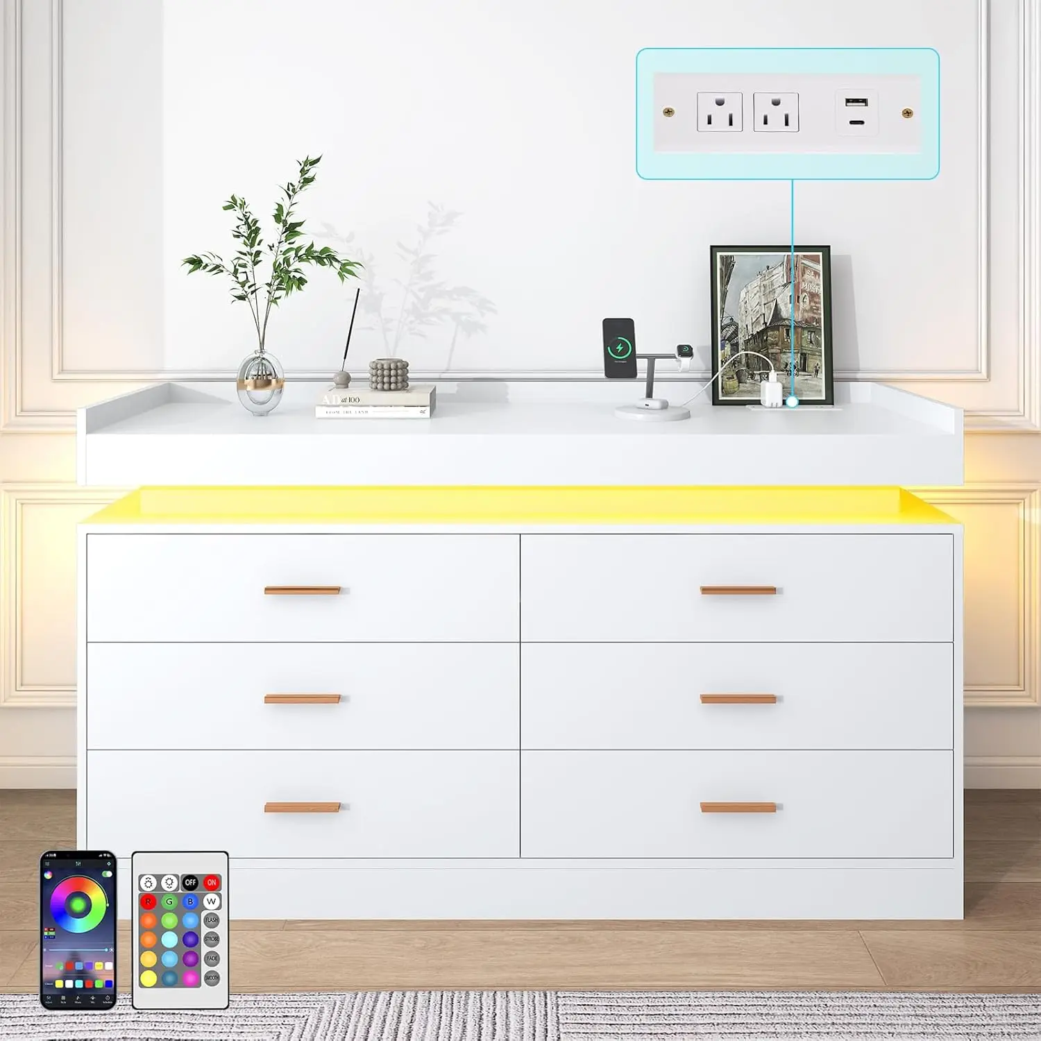 Commode à 6 tiroirs avec station de charge et lumières LED, commode moderne avec prise de courant, a