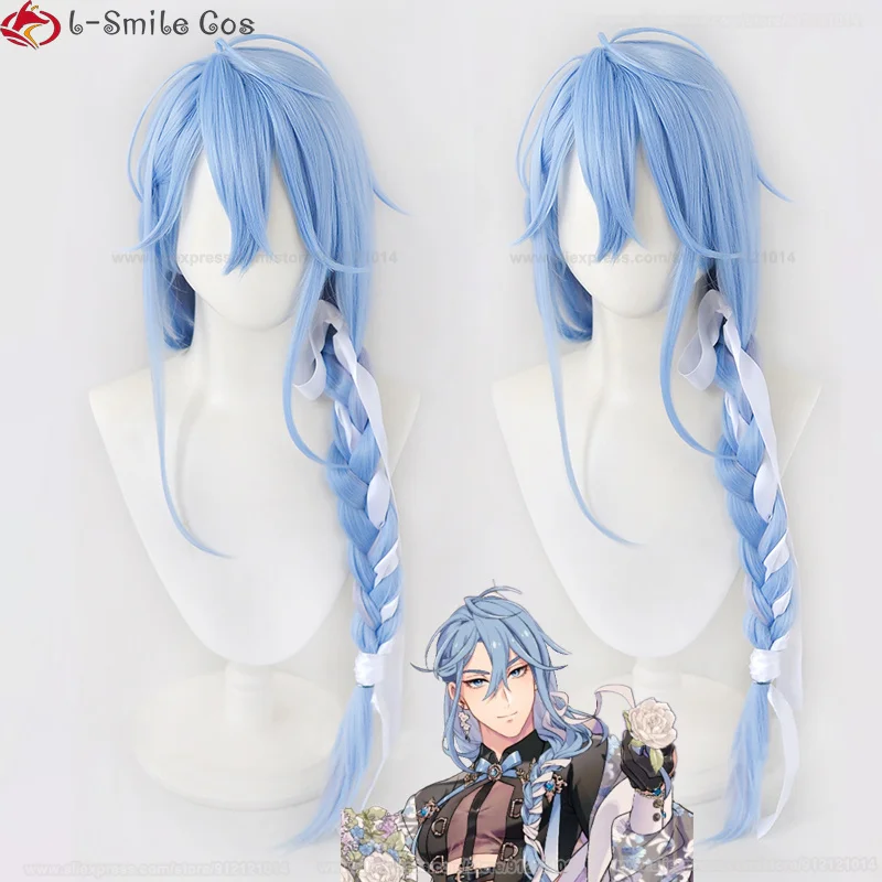 

High Quality Game Edmond Cosplay Wig Blue 80cm Long Twist Braids With Ribbons Heat Resistant Hair Wigs + Wig Cap