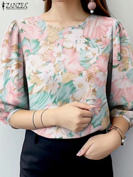 ZANZEA Elegant Women 3/4 Sleeve OL Work Shirt Bohemian Tops Casual Party Blusas Chemise Summer Floral Printed Holiday Blouse