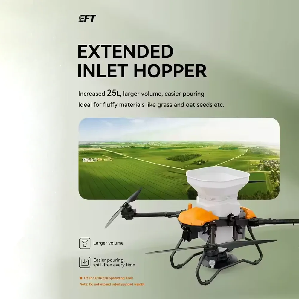 قادوس مدخل ممتد EFT بسعة 25 لتر، خزانات نشر EFT G1700 Z20 مثالية للمواد الرقيقة مثل بذور العشب والشوفان