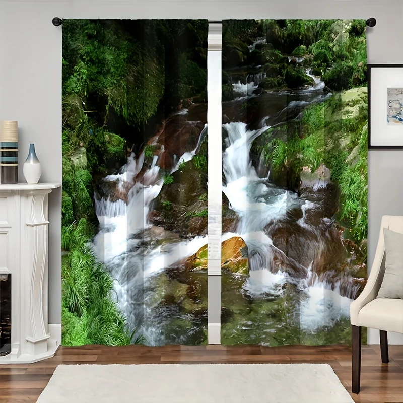 2pcs Forest Waterfall Prints Curtain Rod Pocket Privacy Window Drapes Semi-Blackout Window Treatments For Bedroom Blinds Windows