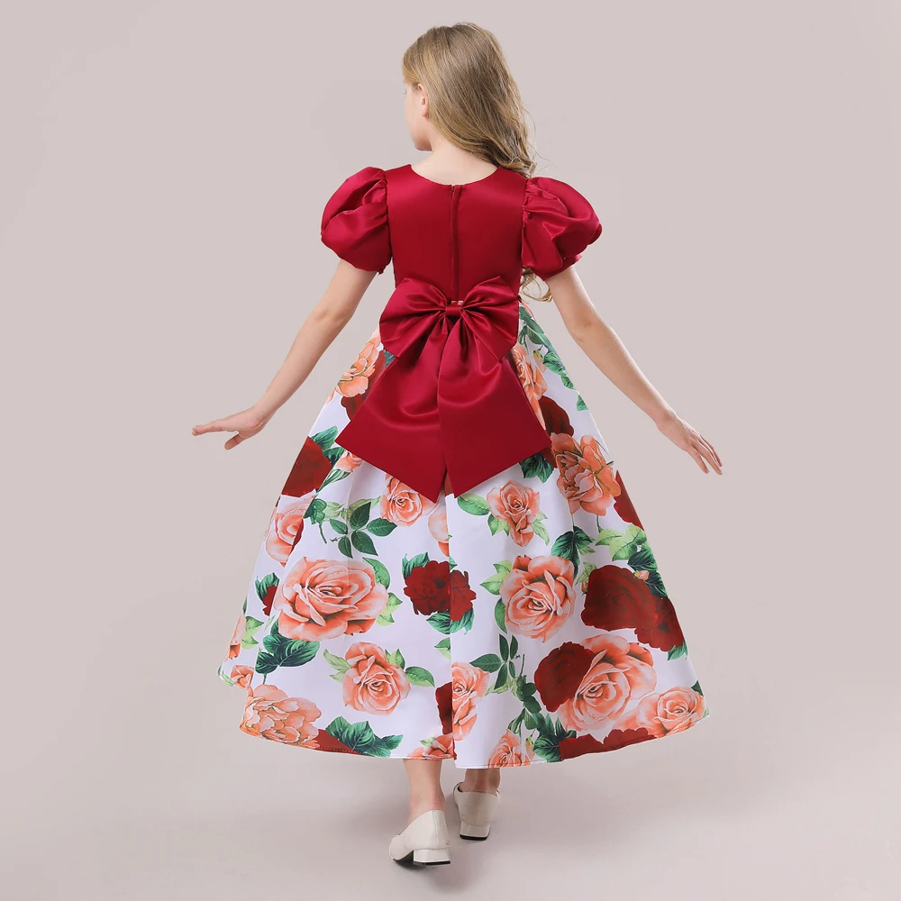 Teen Girls Red Christmas Dress 4 14Yrs Children Printed Birthday Princess Costume Puff Sleeve Flower Girl Wedding Party Dresses