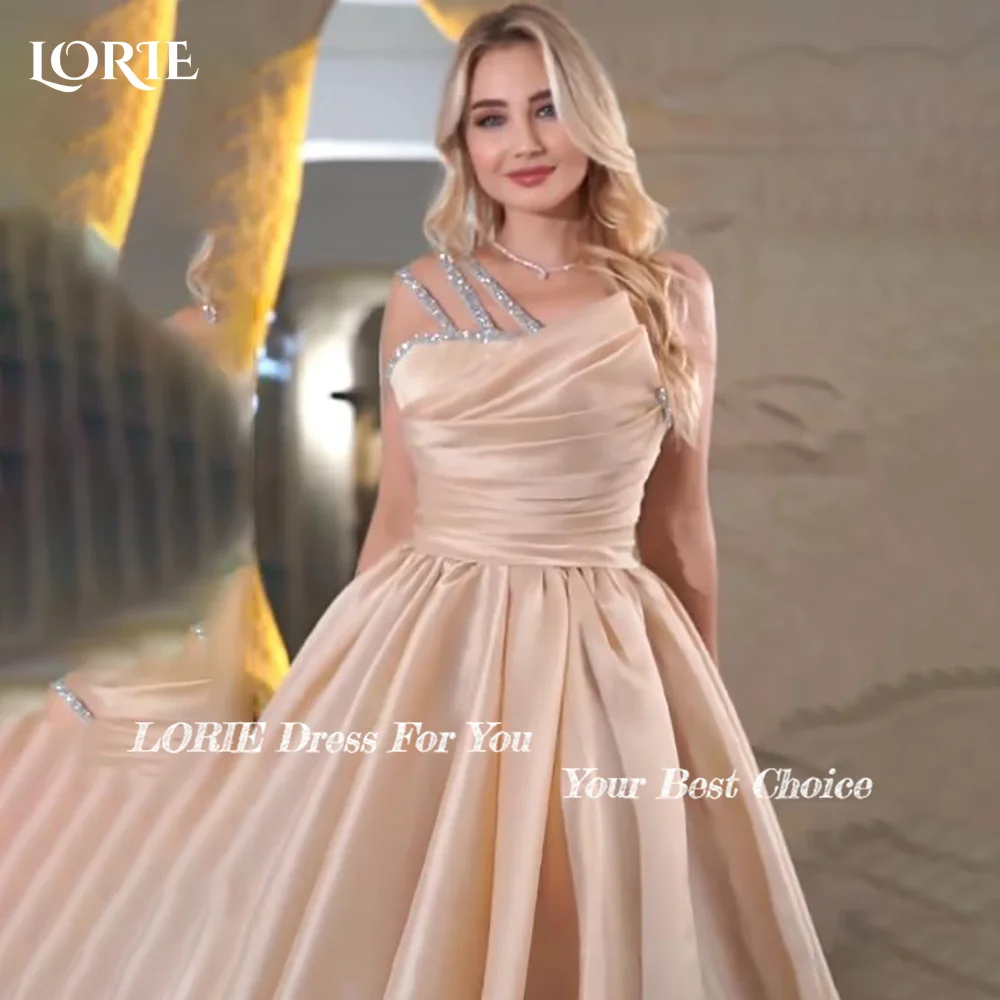 LORIE Champagne Shiny Shoulder Evening Dresses A-line Pleats Arabia Prom Dresses V Neck Puff Sleeve Saudi Ball Gown Customized