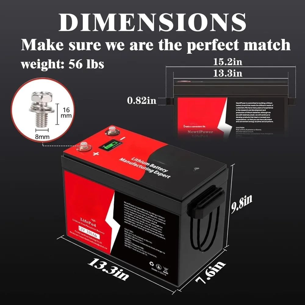 12V 330Ah Golf Cart Lithium LiFePO4 Battery with 200A BMS Grade A Cells Deep Cycle Rechargeable Battery,10000+ Cycles,Perfect