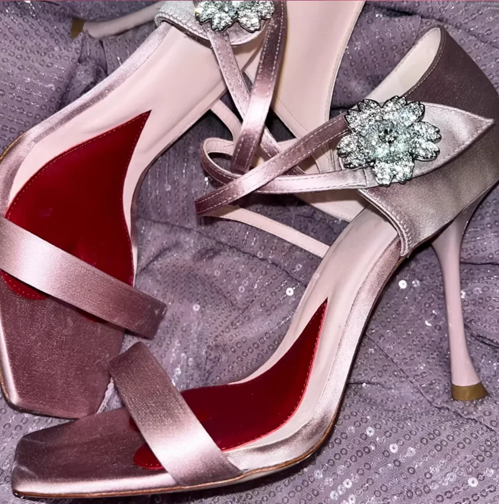 

Light Pink Satin Square-Toe Stiletto Sandals Crystal Floral Embellishment Crisscross Ankle Strap Elegant Lady High Heels