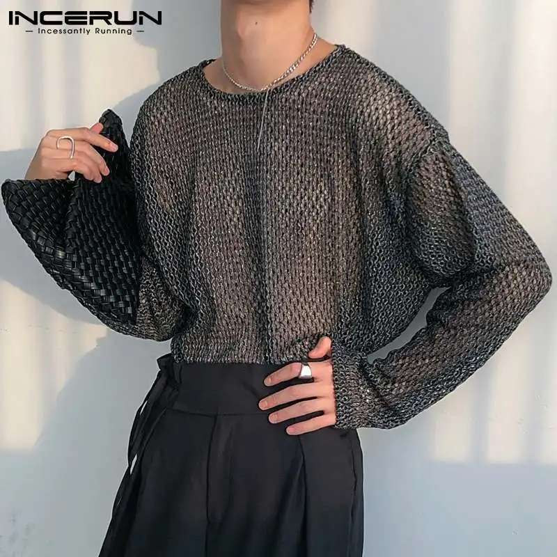 2023 Men T Shirt O-neck Mesh See Through Long Sleeve Sexy Streetwear Casual Camisetas Party Nightclub Tee Tops Men S-5XL INCERUN