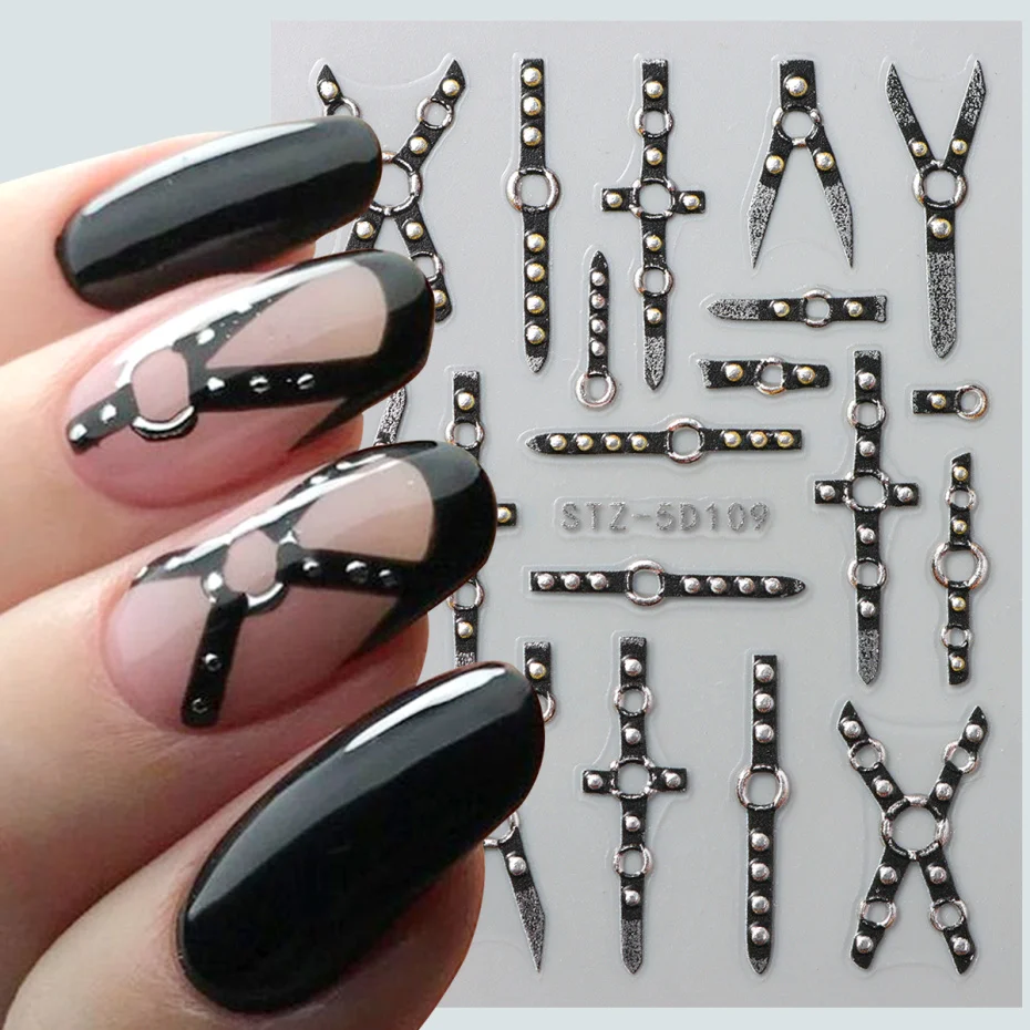 5D Gothic Punk Nail Art Sticker Embossed Stripes Glitter Nail Decals Black Bandage Self-Adhesive Sliders Halloween Decorations