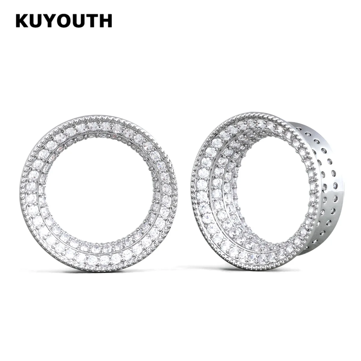KUYOUTH 1Pair Silver Plated Ear Gauge Stretcher Bling CZ Diamond Flared Ear Tunnel Plugs 8-30mm Body Piercing Jewelry