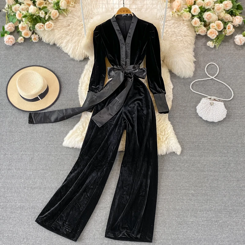 

Women Jumpsuit Fashion Solid Color V Neck Velour Long Sleeve Bowknot Waist Casual Cargo Pants Romper Overalls