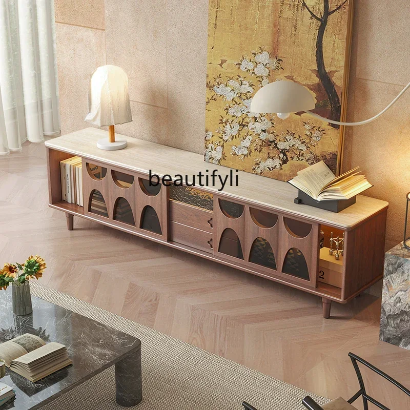 

Solid wood TV cabinet, black walnut, living room floor-to-ceiling travertine rock slab TV cabinet, small apartment locker07