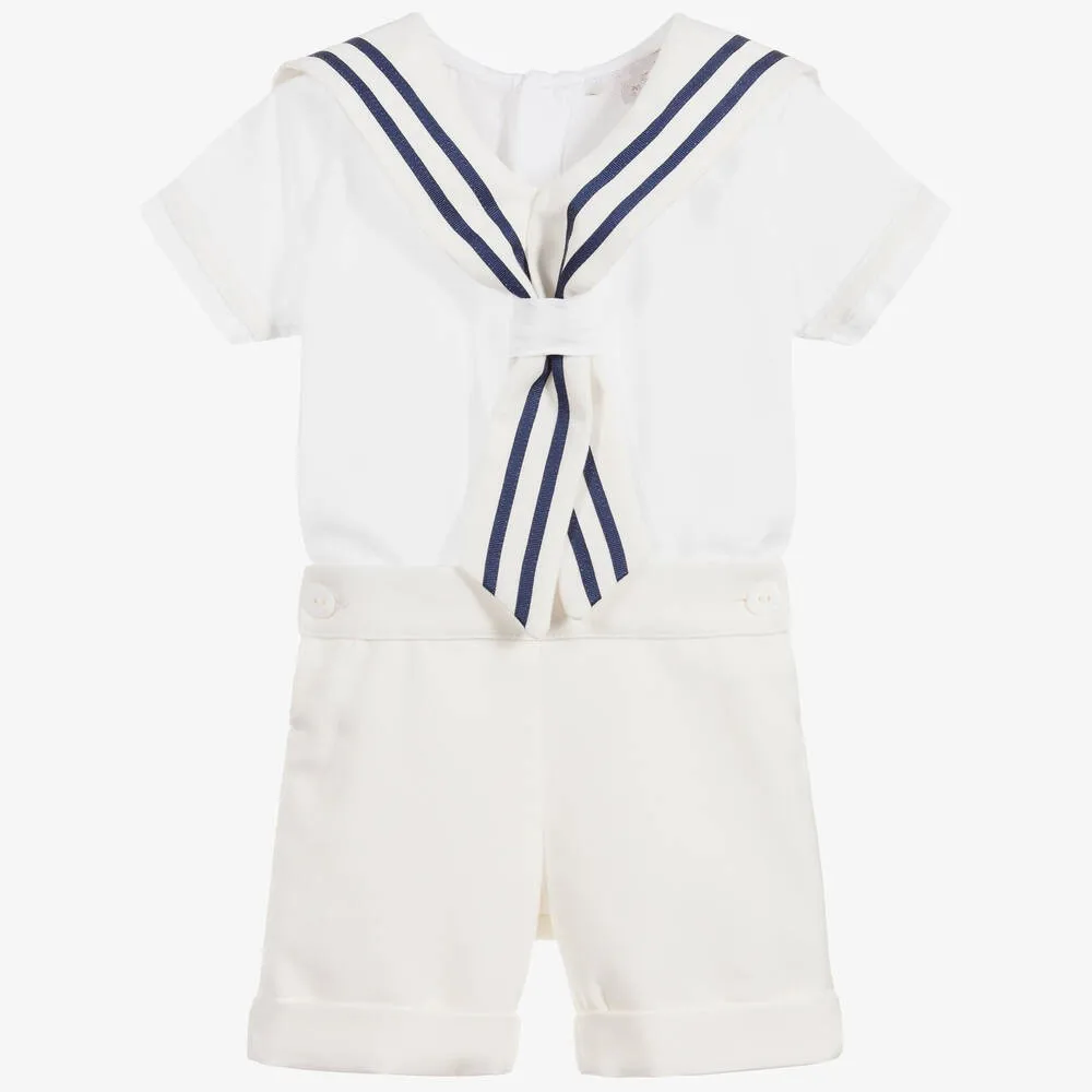 Boy Girls Sailor Suit Short White Uniform Striped Tie Set Dress Classic Retro Cotton Linen Siblings Outfit Birthday Clothing