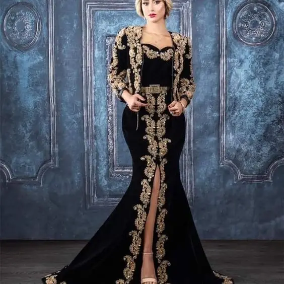 Black Mermaid Evening Formal Dresses with Jacket 2023 Tarayoun Tunisian Traditional Algeria Sweetheart Prom Dress Wear