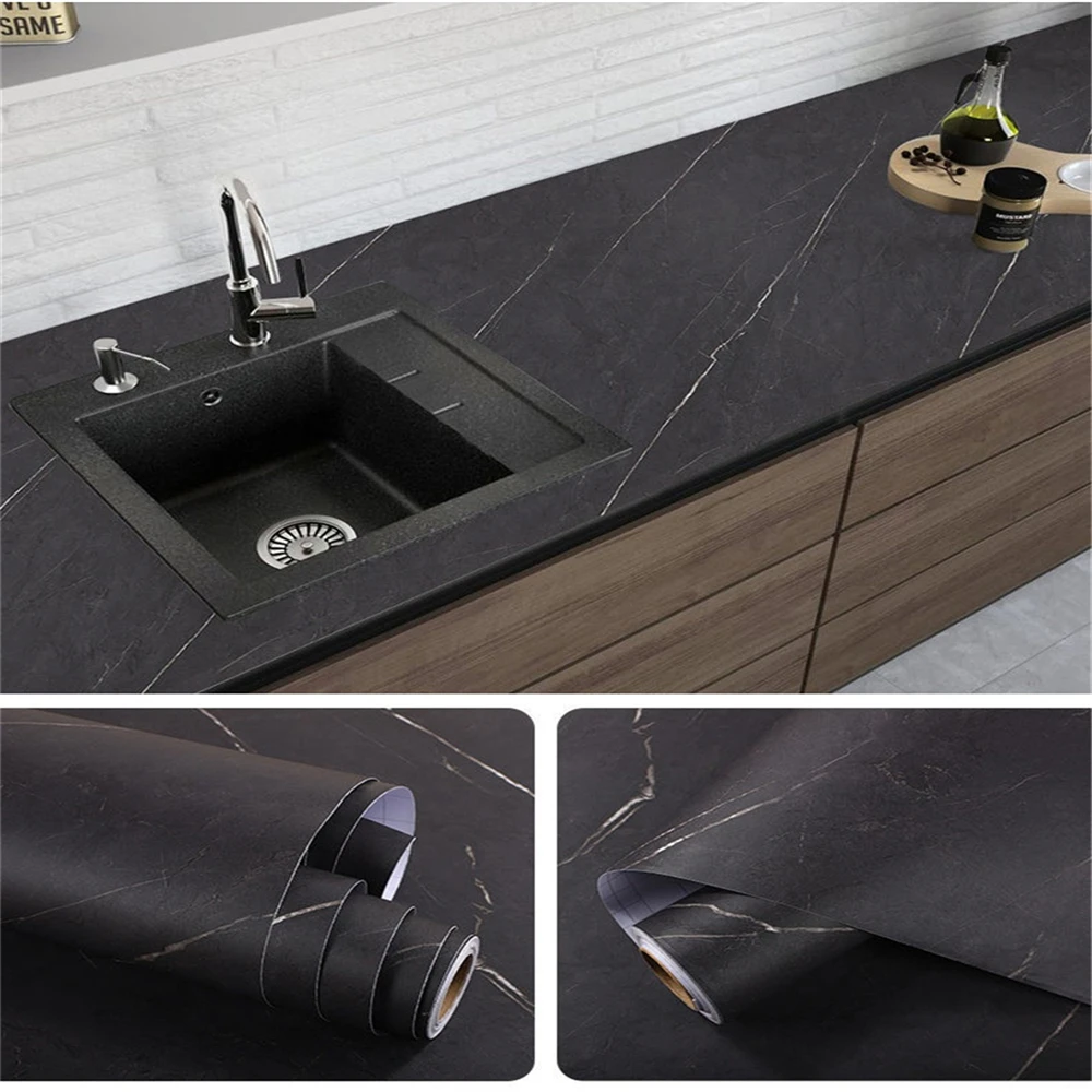 

60/80cm Width Thickening Matte Black Marble Wallpaper Contact Paper PVC Self Adhesive Kitchen Countertop Oil-proof Wall Sticker