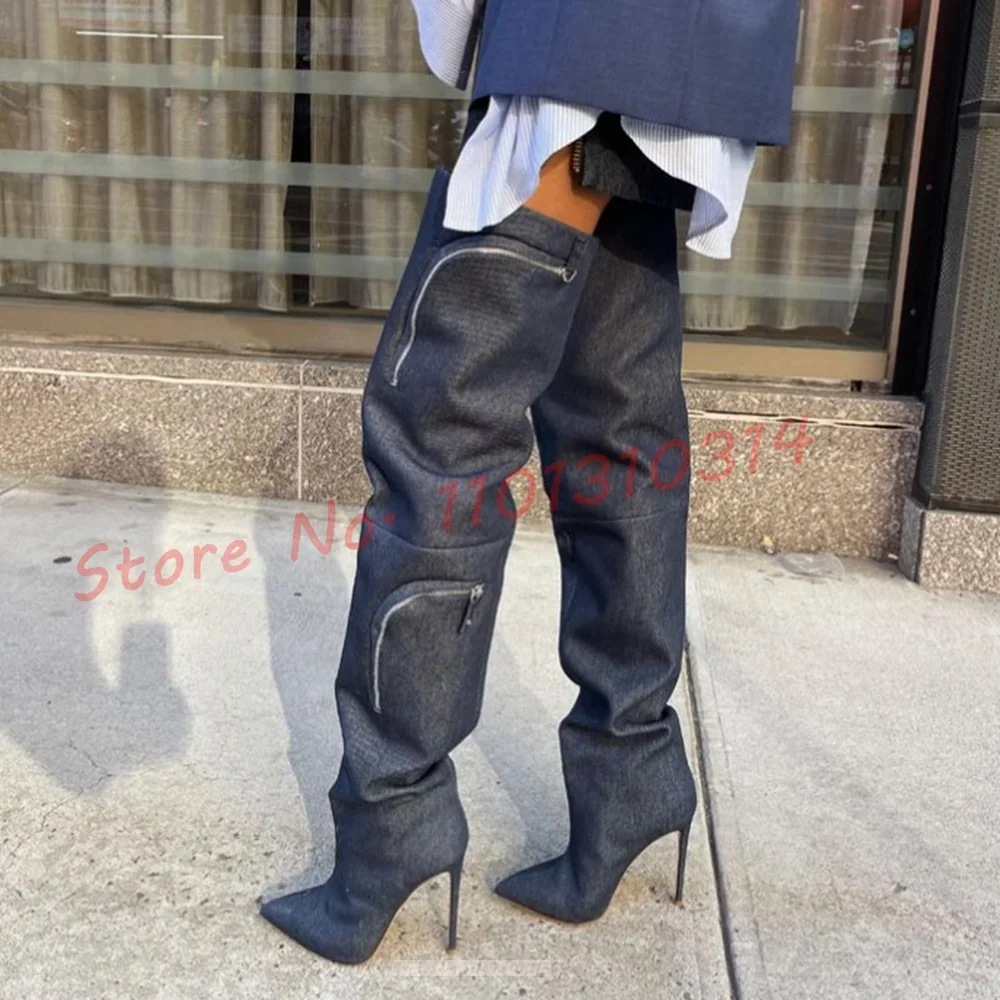 Light Blue Denim Thigh High Boots Women Hot Zipper Decor Elegant High Heels Shoes Streetwear Winter New In Design Long Boots