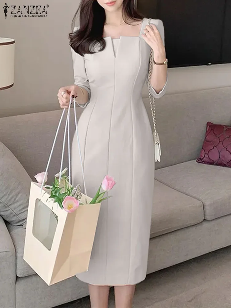 ZANZEA eleganckie damskie szczupła sukienka do kolan moda kwadratowy dekolt 3/4 rękaw ze szwem Party Vestidos Casual dojazdy jednolita, krótka szata