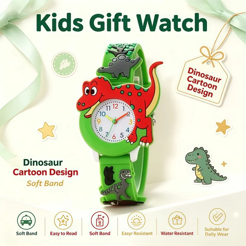 3D stereoscopic dinosaur children's watch equipped with a soft silicone strap with a cartoon style design suitable for students.