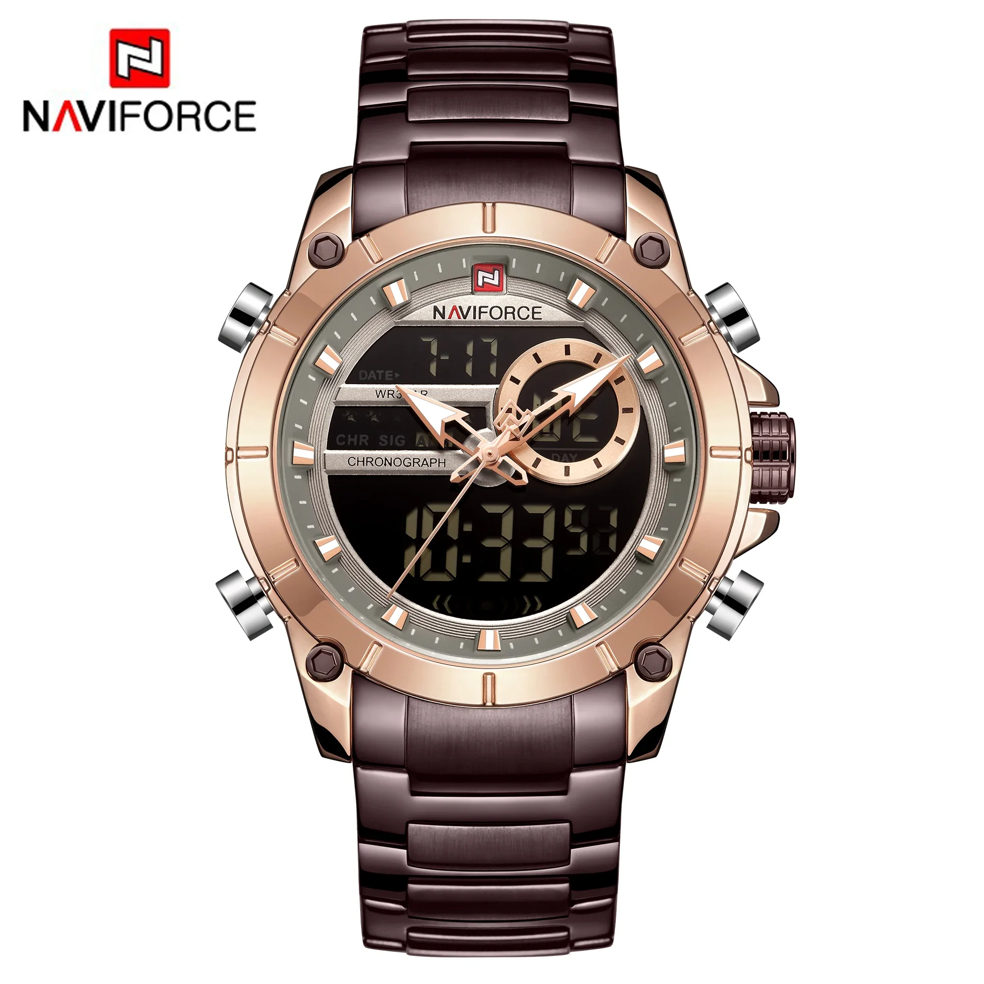 NAVIFORCE 9163 Orologio da polso sportivo originale di lusso per uomo Acciaio al quarzo Impermeabile Doppio display Orologi militari Relogio Masculino