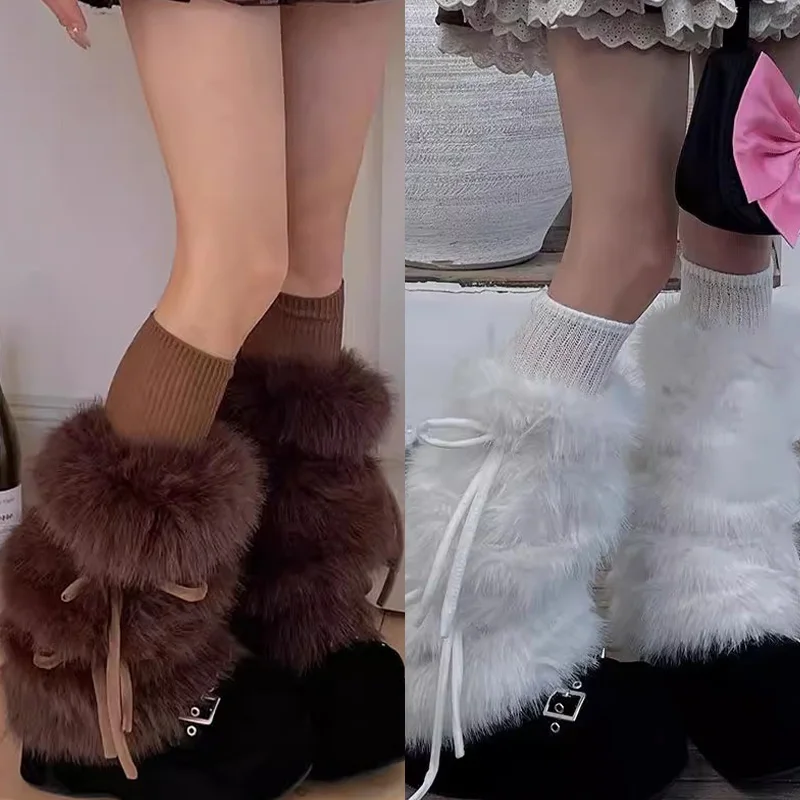 

Зимние утолщенные плюшевые гетры с галстуком-бабочкой, имитация кроличьего меха, плюшевые леггинсы для защиты от холода, длинные носки в стиле панк Y2k