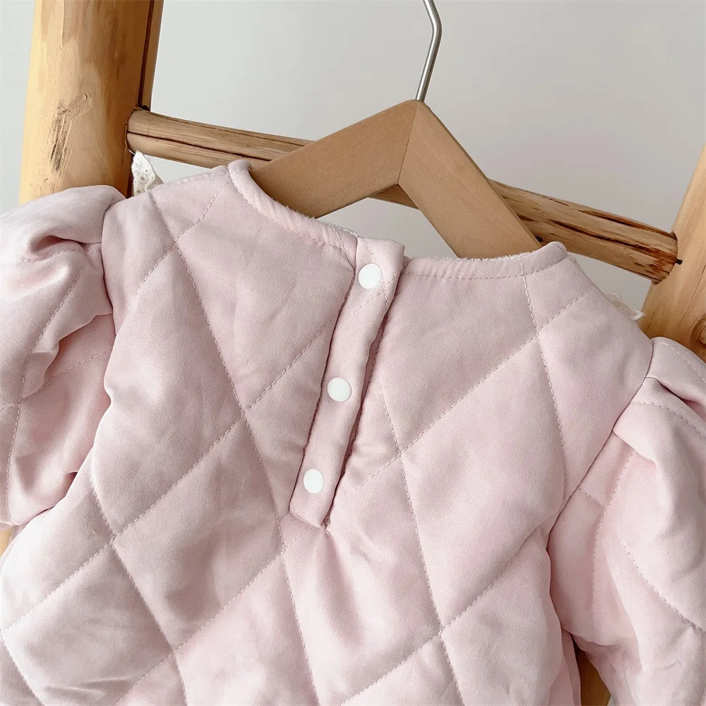 Baby Girls Romper Cute Rabbit Embroidery Ruffle Lace Warm Padded Jumpsuit For Winter Soft Velvet Infant Outfits 3-24 Months