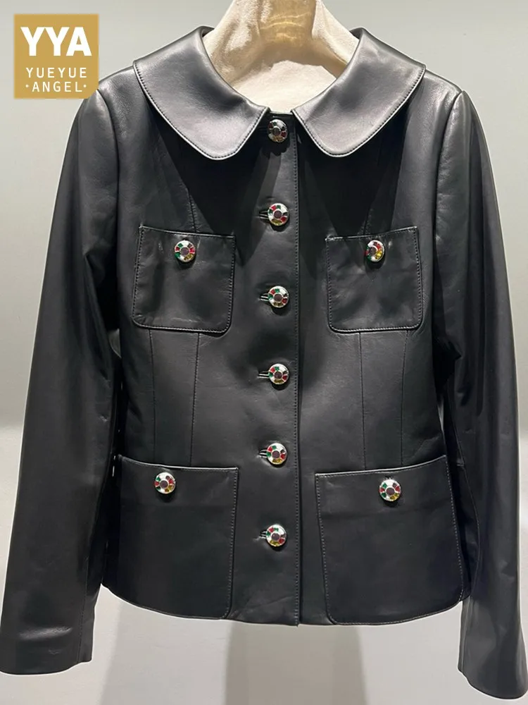 Autunno nuove donne bottoni colorati slim fit pelle di pecora giacca in vera pelle vintage elegante signora festa bavero colletto capispalla cappotto