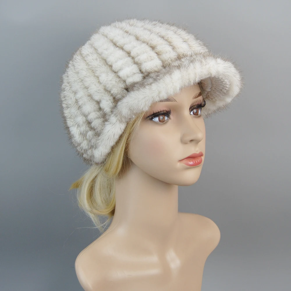 2024 Real Fur Cap Knitted Natural Mink Fur Cap For Women Winter Avoid Wind And Snow Good Quality Female Mink Peaked Cap Ear Warm