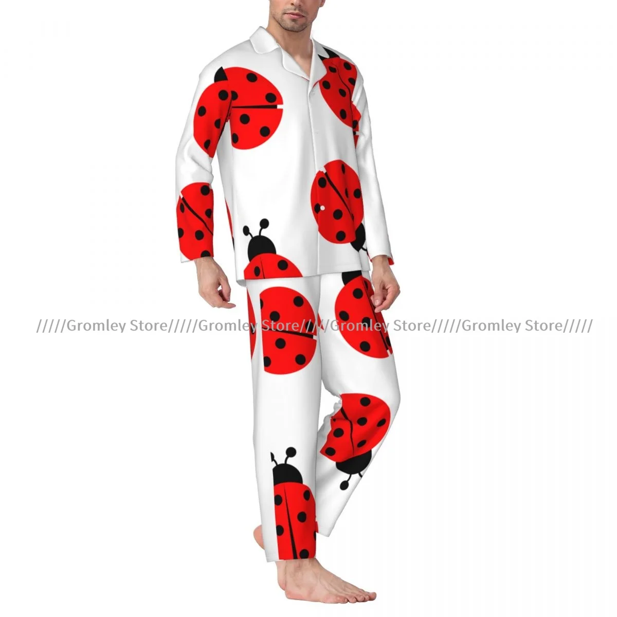 Ladybug Men Pajamas Long Sleeve Male Sleepwear Suit Set Homewear